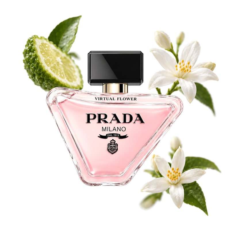 Prada Paradoxe Virtual Flower by Prada, bottle pictured with its key notes: Bergamot, Jasmine and Neroli