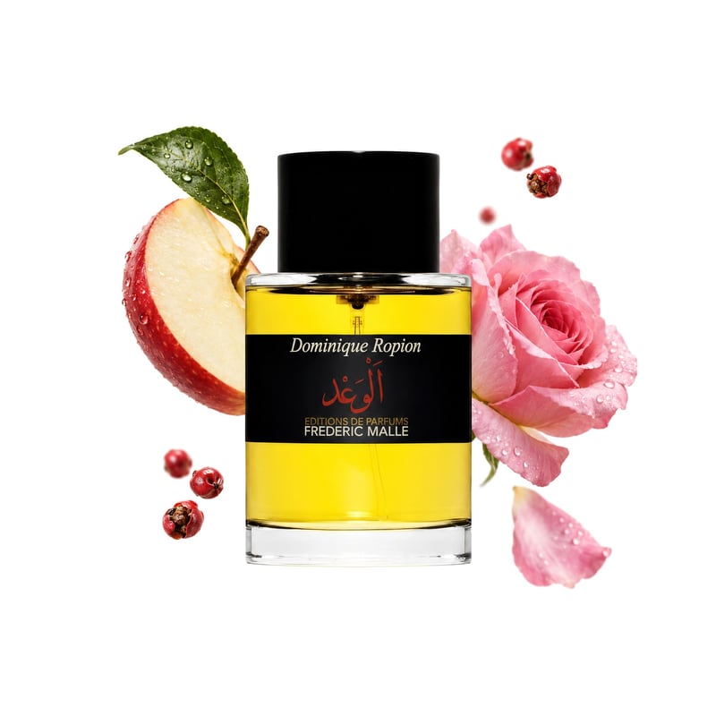 Promise de Frederic Malle, frasco con sus notas principales: Manzana, Pimienta rosa y Rosa búlgara