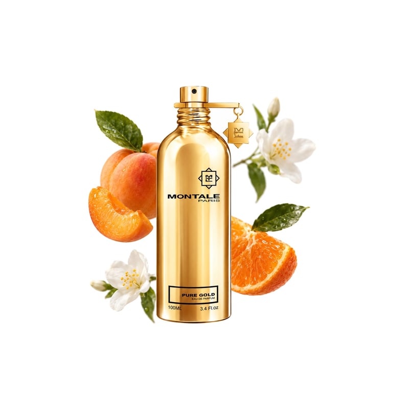 Pure Gold by Montale, bottle pictured with its key notes: Apricot, Mandarin Orange and Jasmine
