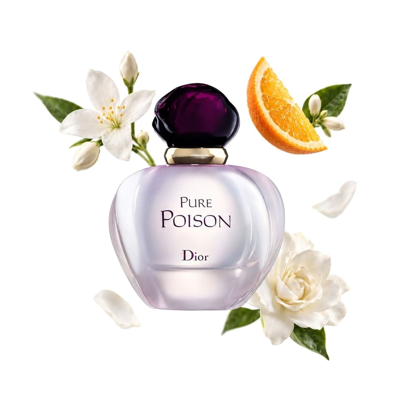 Pure Poison de Dior, frasco con sus notas principales: Jazmín, Naranja y Gardenia