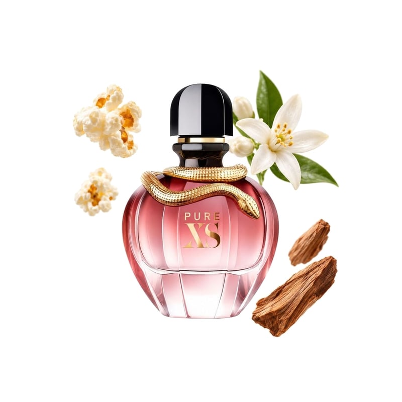 Pure XS For Her by Rabanne, bottle pictured with its key notes: Popcorn, Orange Blossom and Sandalwood