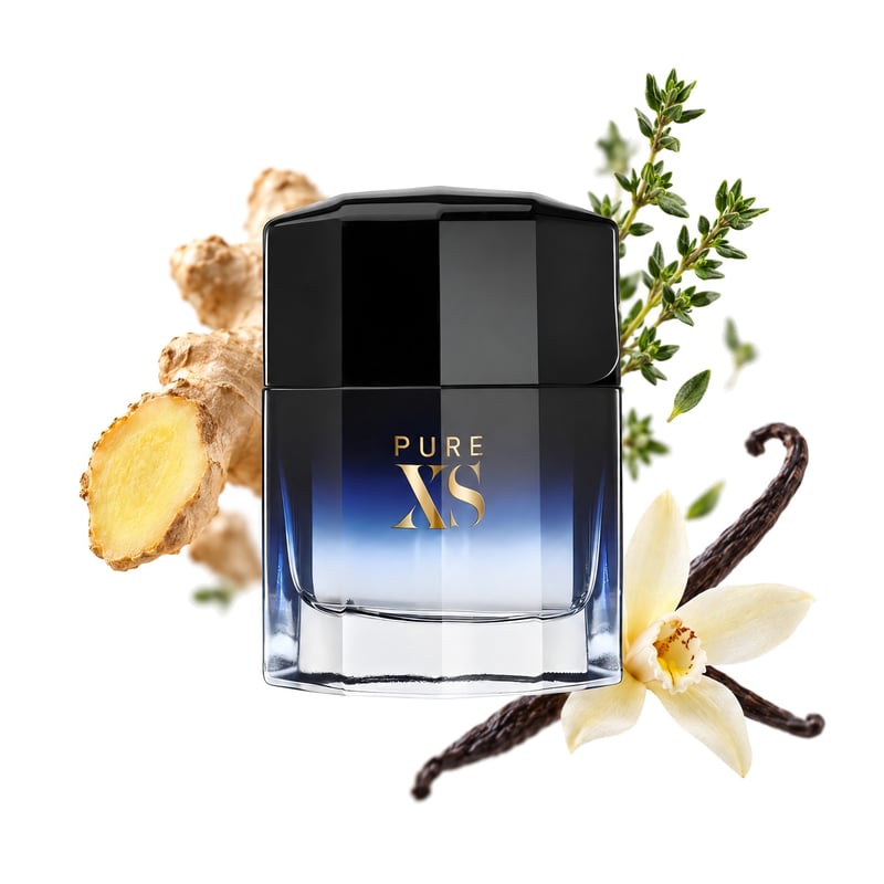 Rabanne Pure XS, flakon a jeho klíčové tóny: Zázvor, Tymián a Vanilka