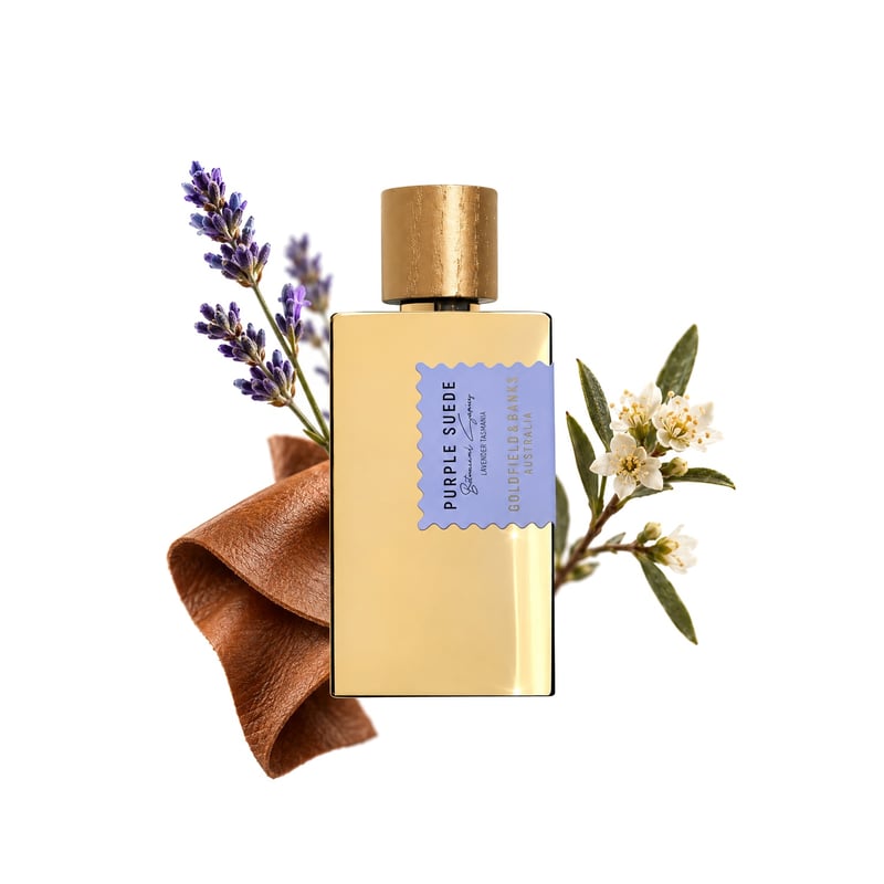Purple Suede by Goldfield & Banks, bottle pictured with its key notes: Leather, Lavender and Leatherwood