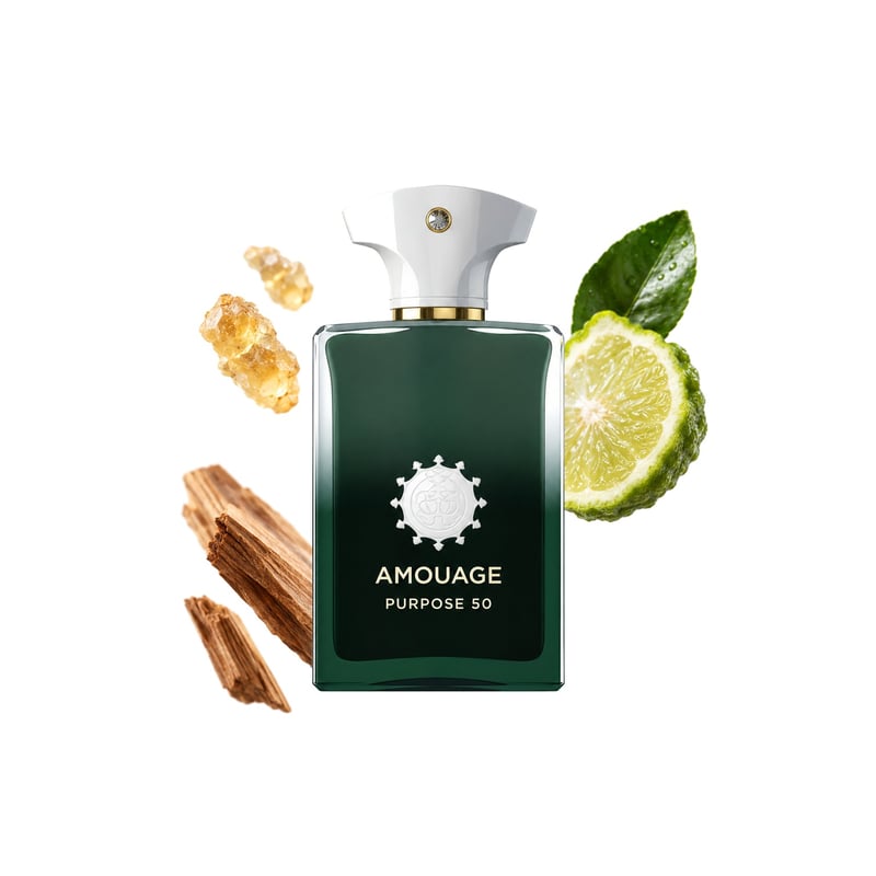 Purpose 50 by Amouage, bottle pictured with its key notes: Frankincense, Bergamot and Sandalwood