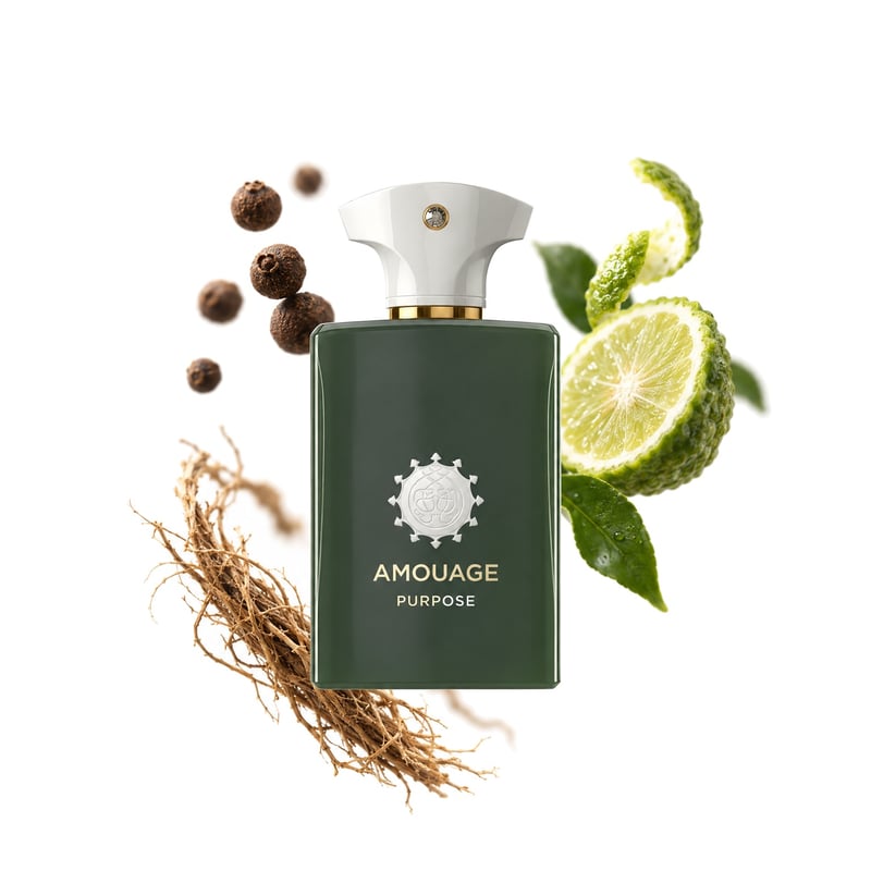 Purpose by Amouage, bottle pictured with its key notes: Pimento, Bergamot and Vetiver