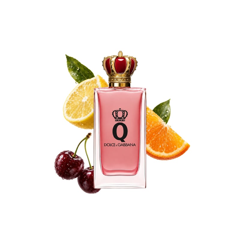 Q Eau de Parfum Intense by Dolce&Gabbana, bottle pictured with its key notes: Sicilian Lemon, Orange and Black Cherry
