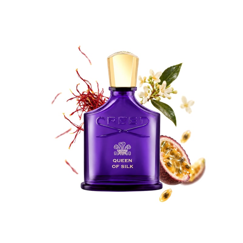 Queen of Silk by Creed, bottle pictured with its key notes: Saffron, Osmanthus and Passionfruit