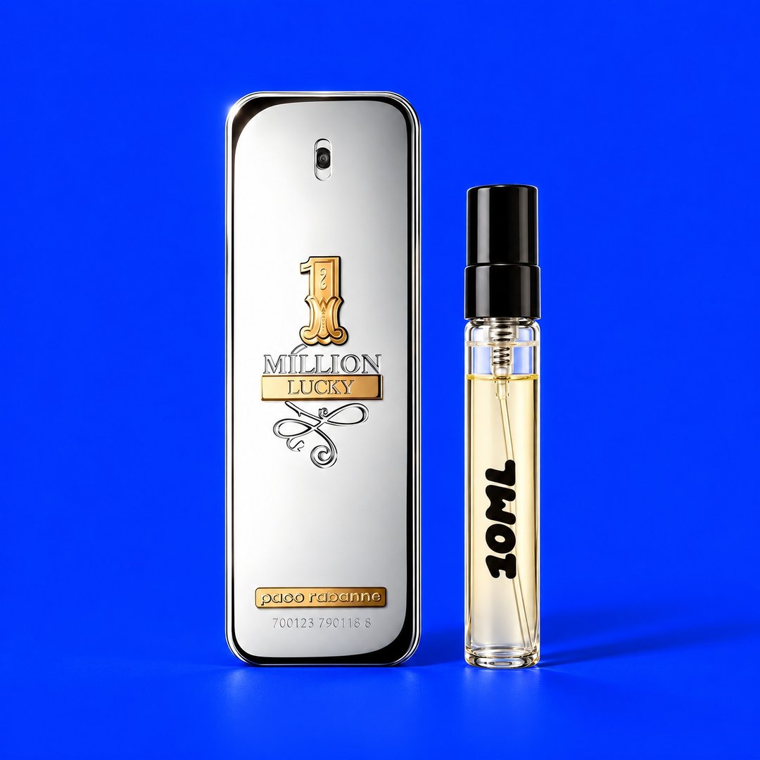 10-ml-Abfüllung von 1 Million Lucky von Rabanne neben der Originalflasche