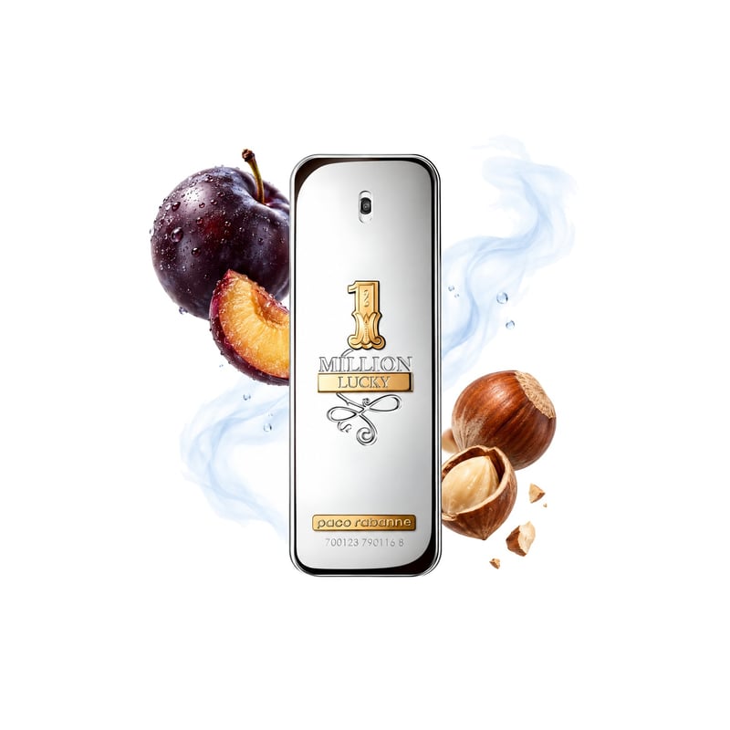 1 Million Lucky by Rabanne, bottle pictured with its key notes: Plum, Ozonic Notes and Hazelnut