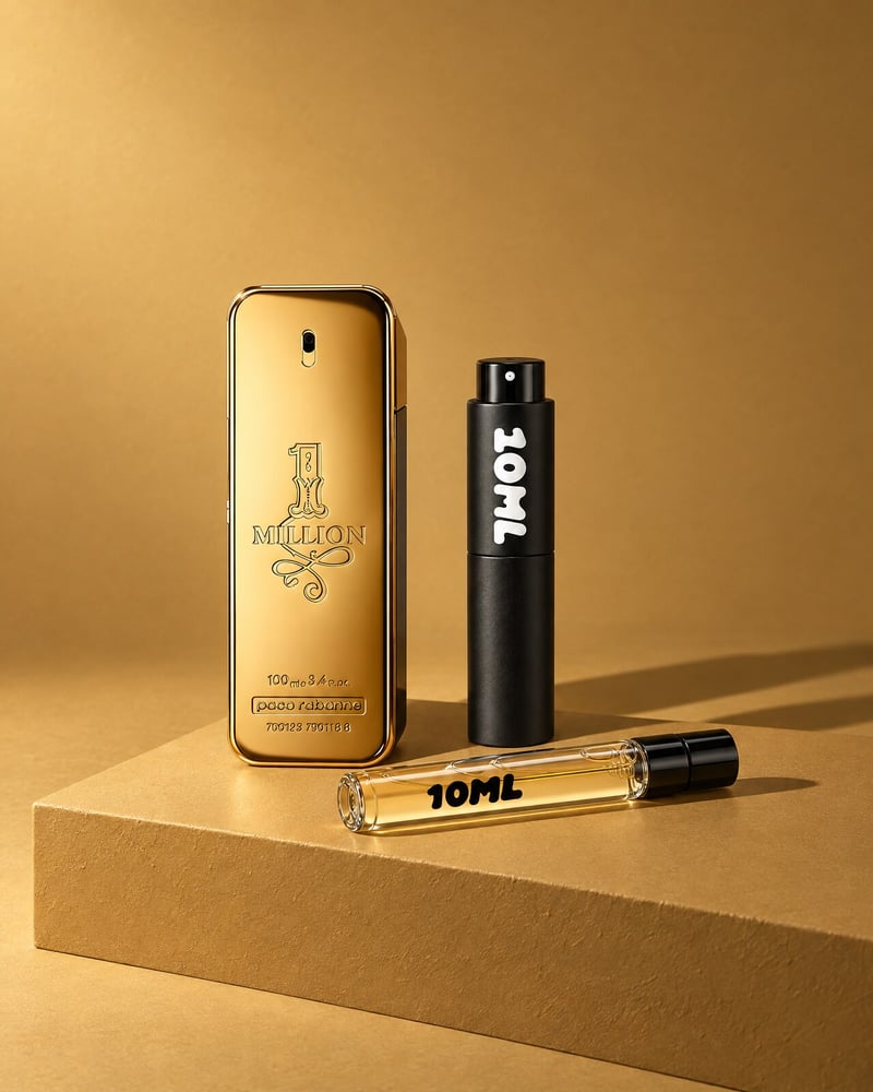 Rabanne 1 Million with a 10ML travel atomiser and a 10ML refill vial on a gold plinth