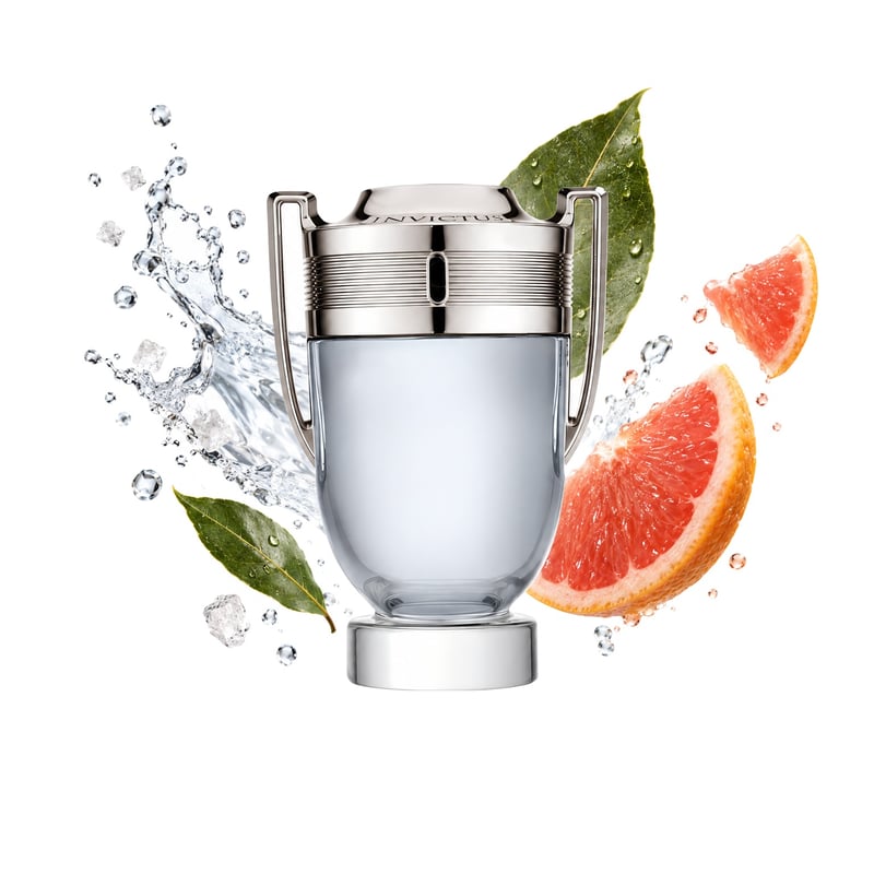Invictus Eau de Toilette von Rabanne, Flakon mit seinen Hauptnoten: Meeresnoten, Grapefruit und Lorbeerblatt