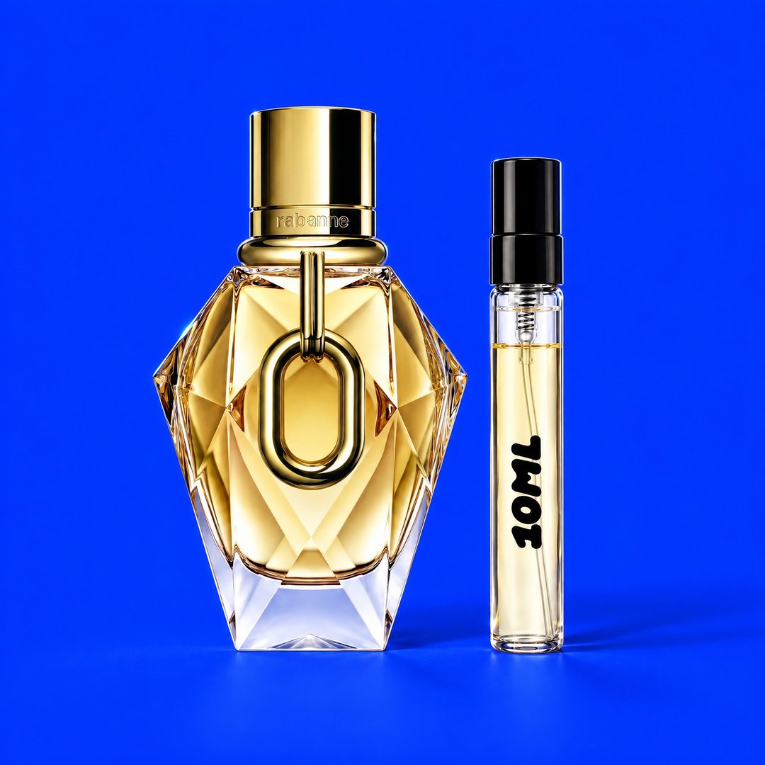 10 ml decant of Million Gold For Her by Rabanne next to the original bottle