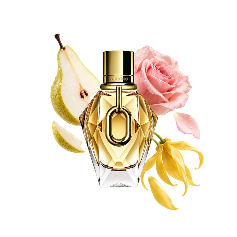 Million Gold For Her by Rabanne, bottle pictured with its key notes: Pear, Rose and Ylang Ylang