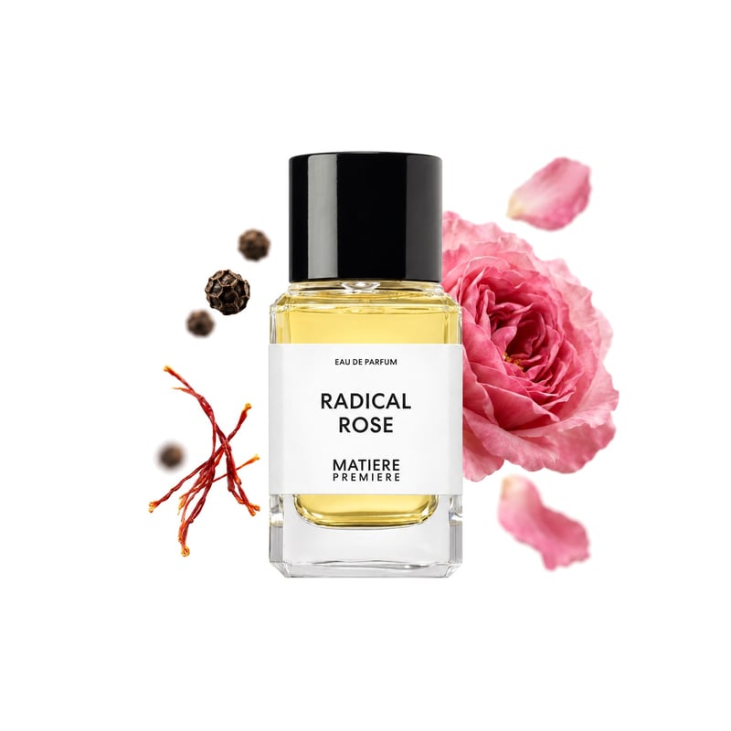 Radical Rose by Matiere Premiere, bottle pictured with its key notes: Pepper, Saffron and Damask Rose