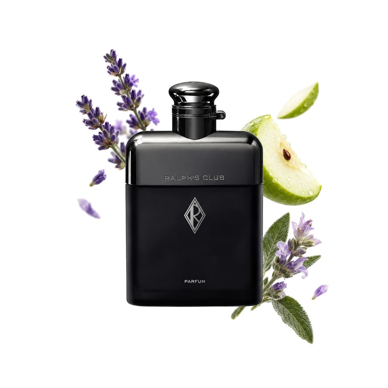 Ralph's Club Parfum by Ralph Lauren, bottle pictured with its key notes: Lavender, Apple and Clary Sage