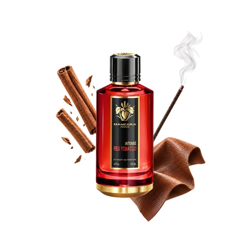 Red Tobacco Intense by Mancera, bottle pictured with its key notes: Cinnamon, Incense and Leather