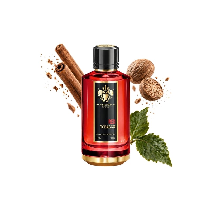 Red Tobacco by Mancera, bottle pictured with its key notes: Cinnamon, Nutmeg and Patchouli