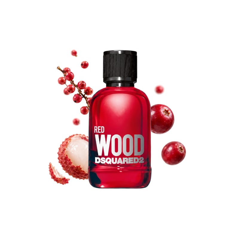 Red Wood by DSQUARED², bottle pictured with its key notes: Pink Pepper, Cranberry and Litchi