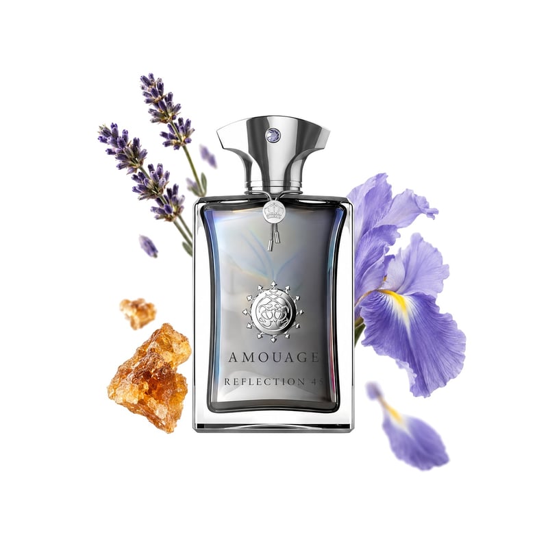 Reflection 45 Man by Amouage, bottle pictured with its key notes: Lavender, Benzoin and Iris