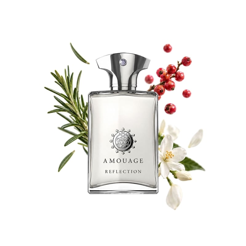 Reflection Man by Amouage, bottle pictured with its key notes: Rosemary, Pink Pepper and Jasmine