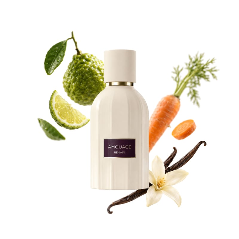 Remain di Amouage, flacone con le sue note principali: Bergamotto, Carota e Vaniglia