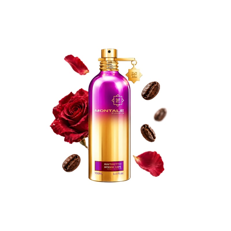 Ristretto Intense Café by Montale, bottle pictured with its key notes: Coffee, Turkey Red Rose and Roasted Coffee Beans