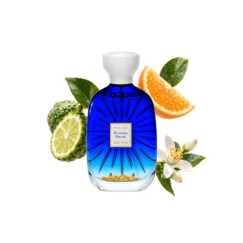 Riviera Drive by Atelier des Ors, bottle pictured with its key notes: Bergamot, Orange and Neroli