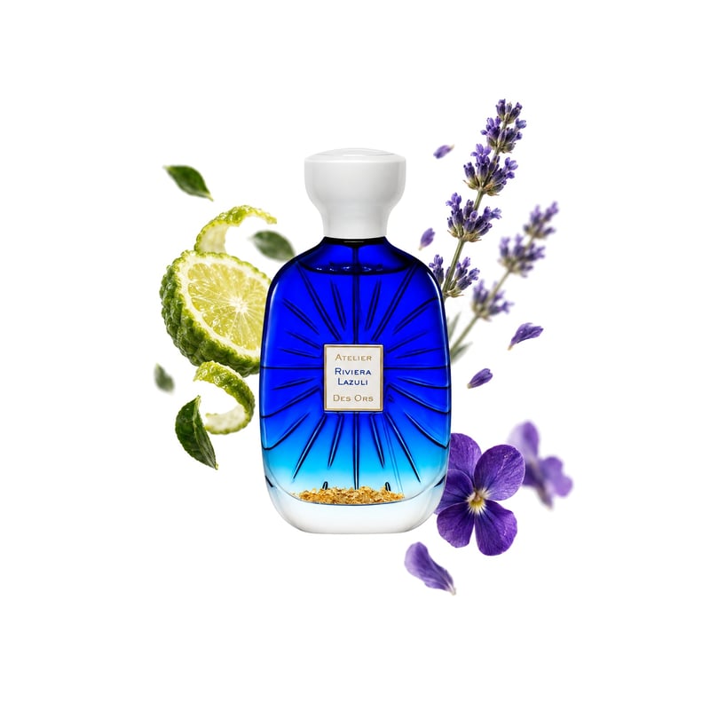 Riviera Lazuli by Atelier des Ors, bottle pictured with its key notes: Bergamot, Lavender and Violet