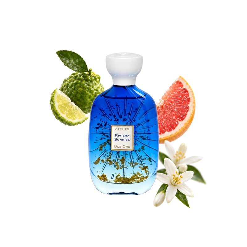 Riviera Sunrise by Atelier des Ors, bottle pictured with its key notes: Bergamot, Grapefruit and Neroli