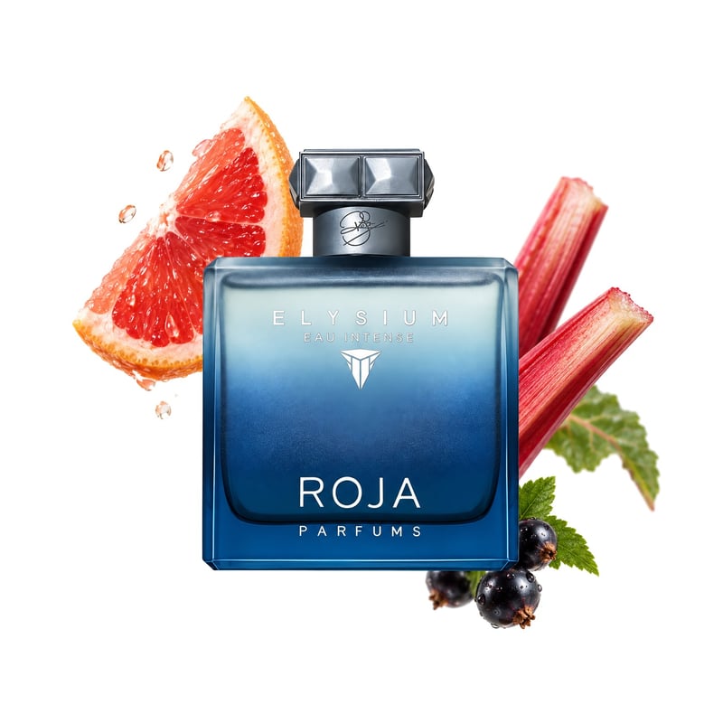 Elysium Pour Homme Eau Intense de Roja Dove, flacon entouré de ses notes clés : Pamplemousse, Rhubarbe et Cassis