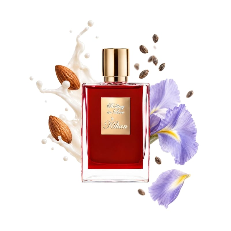 Rolling in Love by By Kilian, bottle pictured with its key notes: Almond Milk, Ambrette (musk Mallow) and Iris