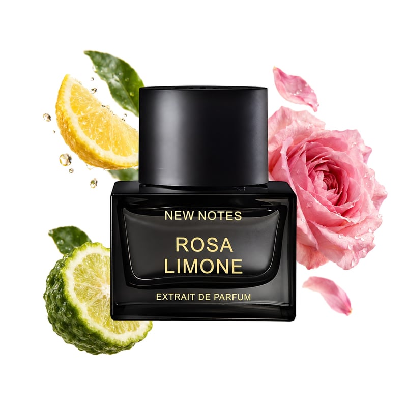 Rosa Limone by New Notes, bottle pictured with its key notes: Lemon, Bergamot and Damask Rose