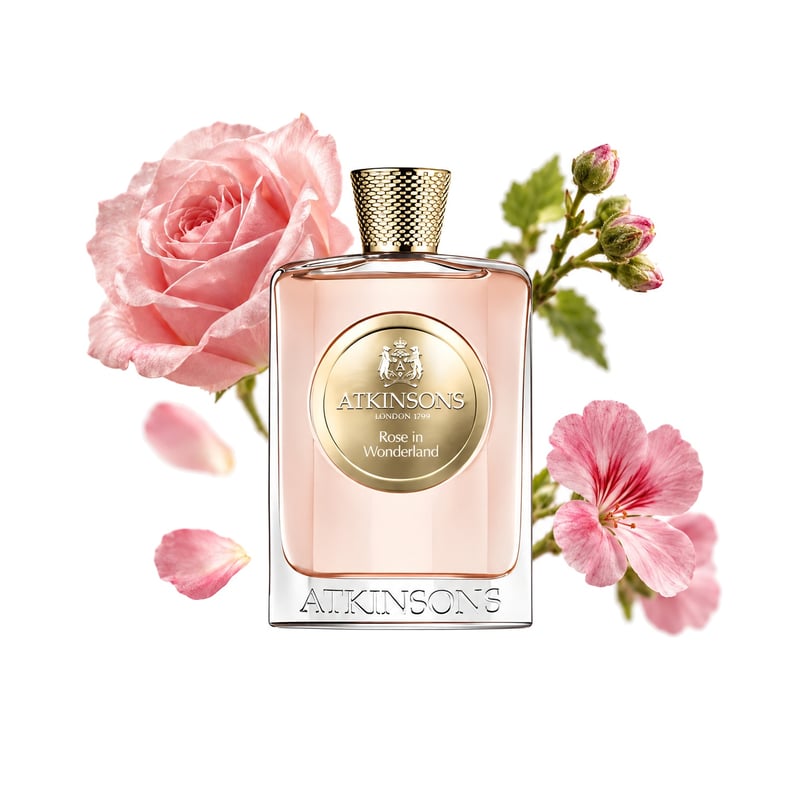 Rose in Wonderland by Atkinsons, bottle pictured with its key notes: Rose, Currant Buds and Geranium