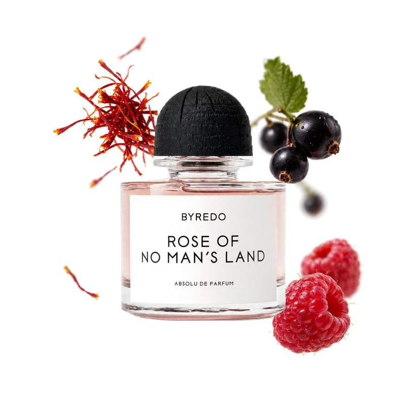Rose of No Man's Land Absolu by Byredo, bottle pictured with its key notes: Saffron, Blackcurrant and Raspberry