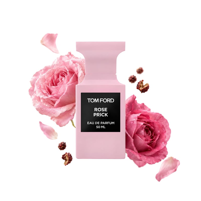 Rose Prick by Tom Ford, bottle pictured with its key notes: May Rose, Sichuan Pepper and Turkish Rose