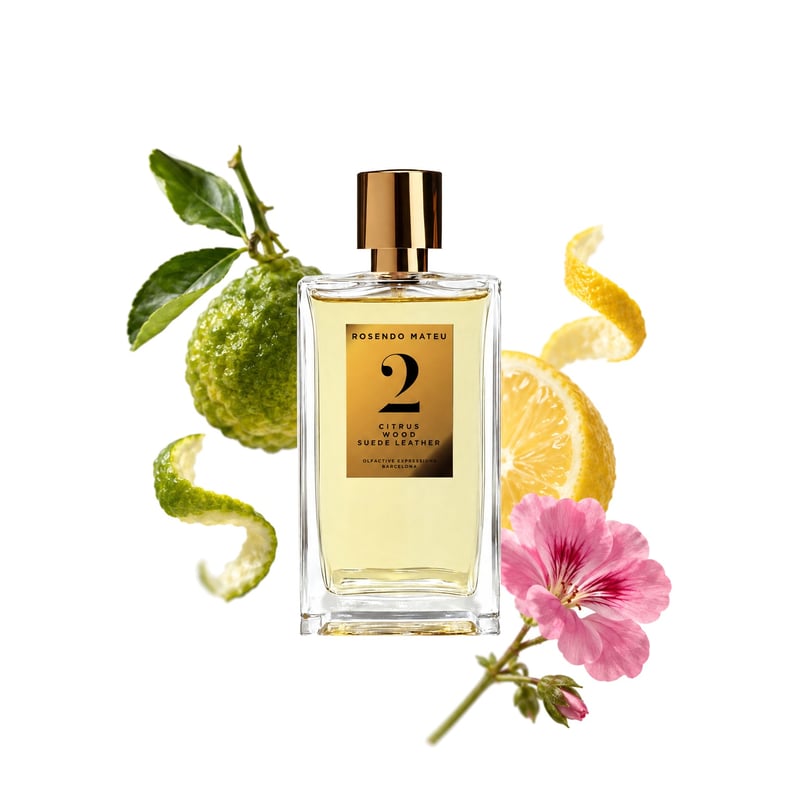 Nº 2 Citrus, Wood, Suede Leather von Rosendo Mateu, Flakon mit seinen Hauptnoten: Kalabrische Bergamotte, Zitrone und Geranie
