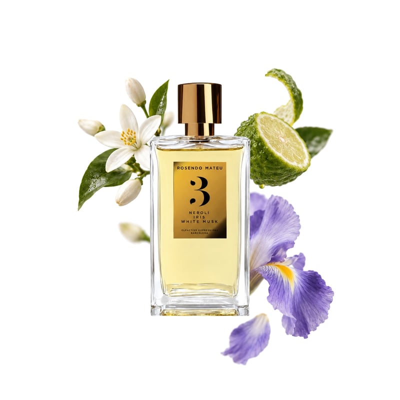 Nº 3 Neroli, Iris, White Musk von Rosendo Mateu, Flakon mit seinen Hauptnoten: Tunesisches Neroli, Sizilianische Bergamotte und Iris