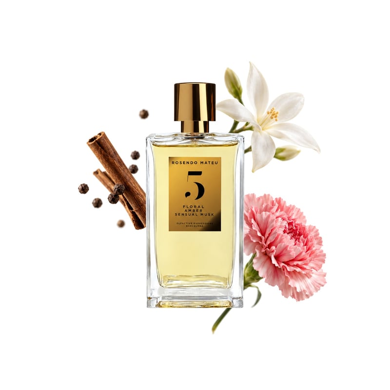 Nº 5 Floral, Amber, Sensual Musk von Rosendo Mateu, Flakon mit seinen Hauptnoten: Gewürze, Exotische Blumennoten und Nelke