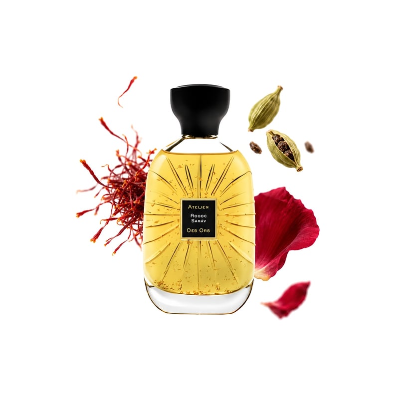 Rouge Saray by Atelier des Ors, bottle pictured with its key notes: Saffron, Cardamom and Rose