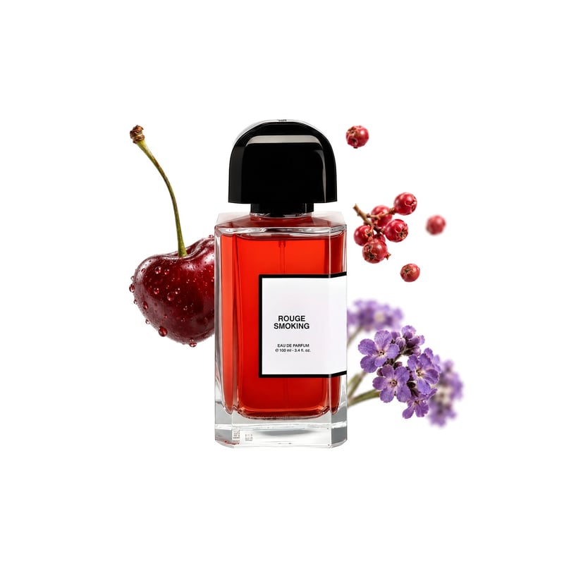 Rouge Smoking by BDK Parfums, bottle pictured with its key notes: Cherry, Pink Pepper and Heliotrope