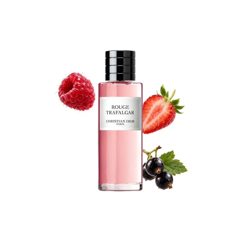Rouge Trafalgar by Dior, bottle pictured with its key notes: Raspberry, Strawberry and Black Currant