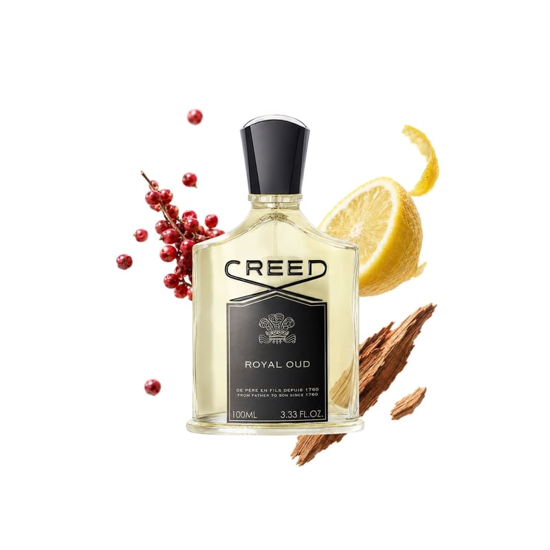 Royal Oud by Creed, bottle pictured with its key notes: Pink Pepper, Lemon and Cedar