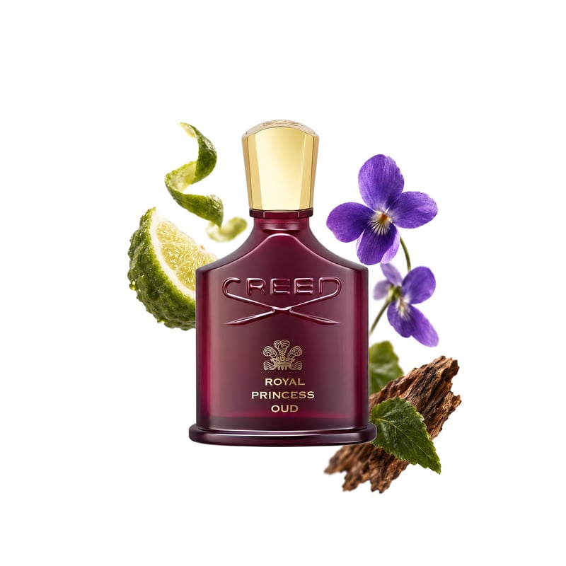 Royal Princess Oud by Creed, bottle pictured with its key notes: Bergamot, Violet and Patchouli