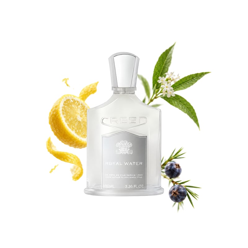 Royal Water de Creed, frasco con sus notas principales: Limón, Verbena y Bayas de enebro