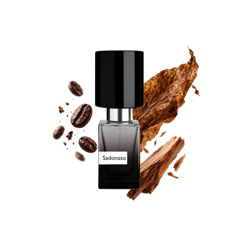 Sadonaso by Nasomatto, bottle pictured with its key notes: Coffee, Tobacco and Australian Sandalwood