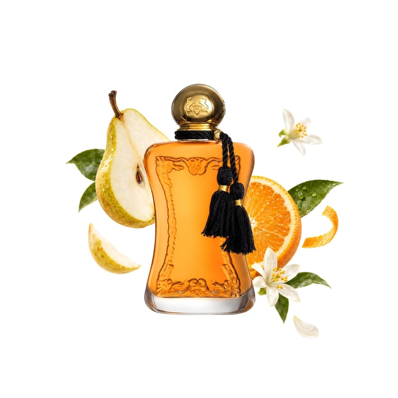 Safanad marki Parfums de Marly, flakon i jego kluczowe nuty: Gruszka, Pomarańcza i Kwiat pomarańczy