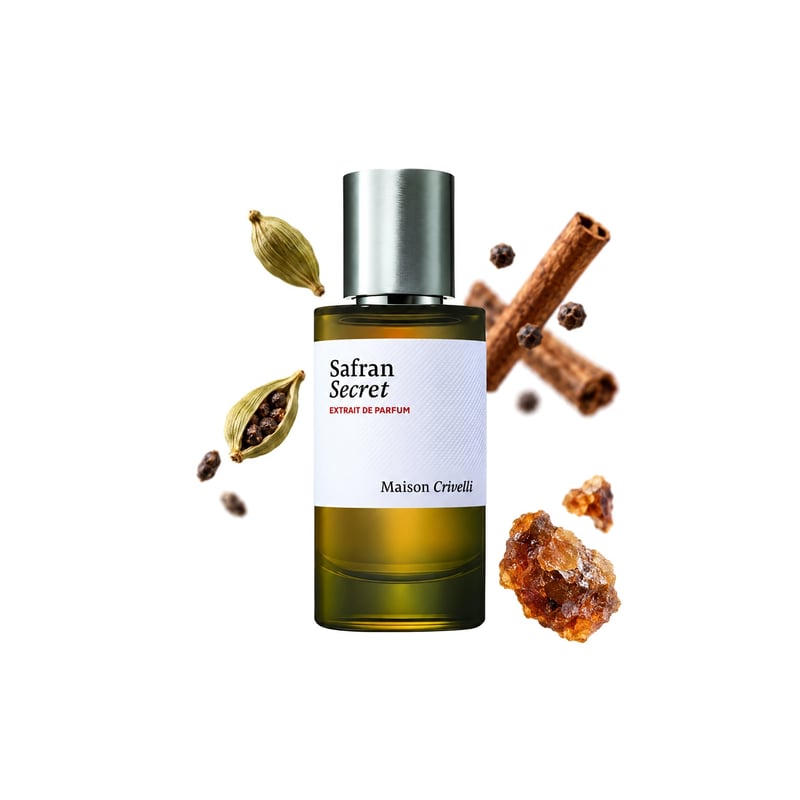 Safran Secret von Maison Crivelli, Flakon mit seinen Hauptnoten: Kardamom, Gewürze und Myrrhe