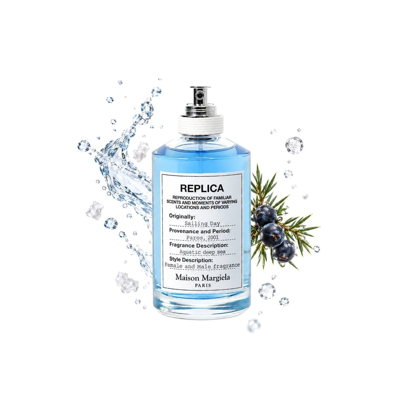 Sailing Day by Maison Margiela, bottle pictured with its key notes: Sea Notes, Aldehydes and Juniper
