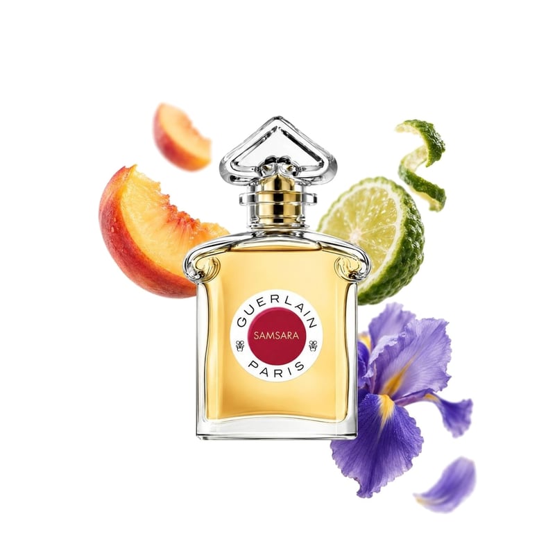 Samsara Eau de Parfum von Guerlain, Flakon mit seinen Hauptnoten: Pfirsich, Bergamotte und Iris
