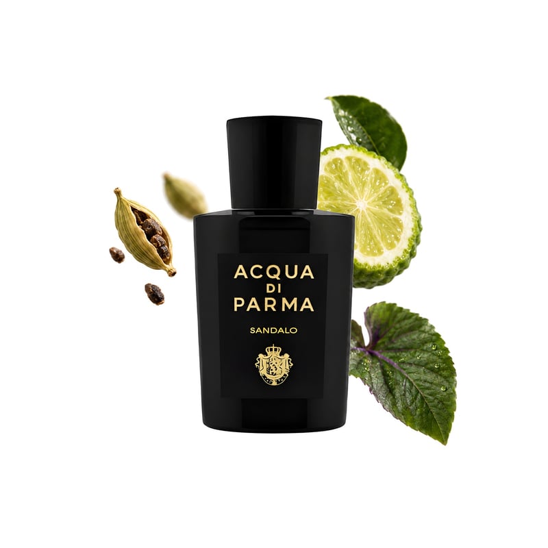 Sandalo by Acqua di Parma, bottle pictured with its key notes: Cardamom, Bergamot and Violet Leaf